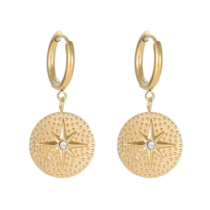 New Ins Style Eight Point Star Round Badge Hook Clip Stainless Steel Earring Hoop