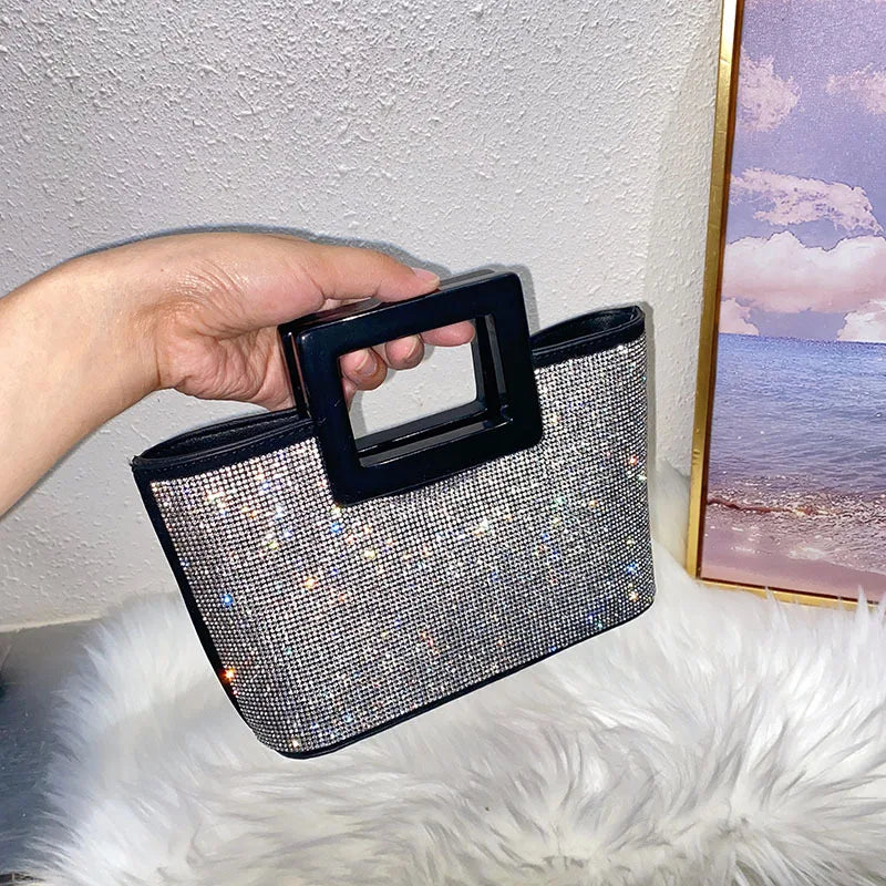 Women's Chain Diamonds PU Leather Luxury Crossbody Bag Large Capacity Bling Bling Square Handle Tote for Dinner Parties Women's