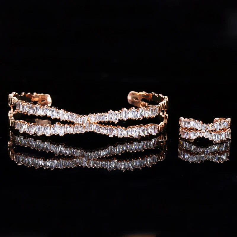 Elegant Rose Gold Plated Cubic Zircon Stone X Shaped Cuff Bangle and Ring Fashion Jewellery Set for Women Party Wear Accessories MegaBDM