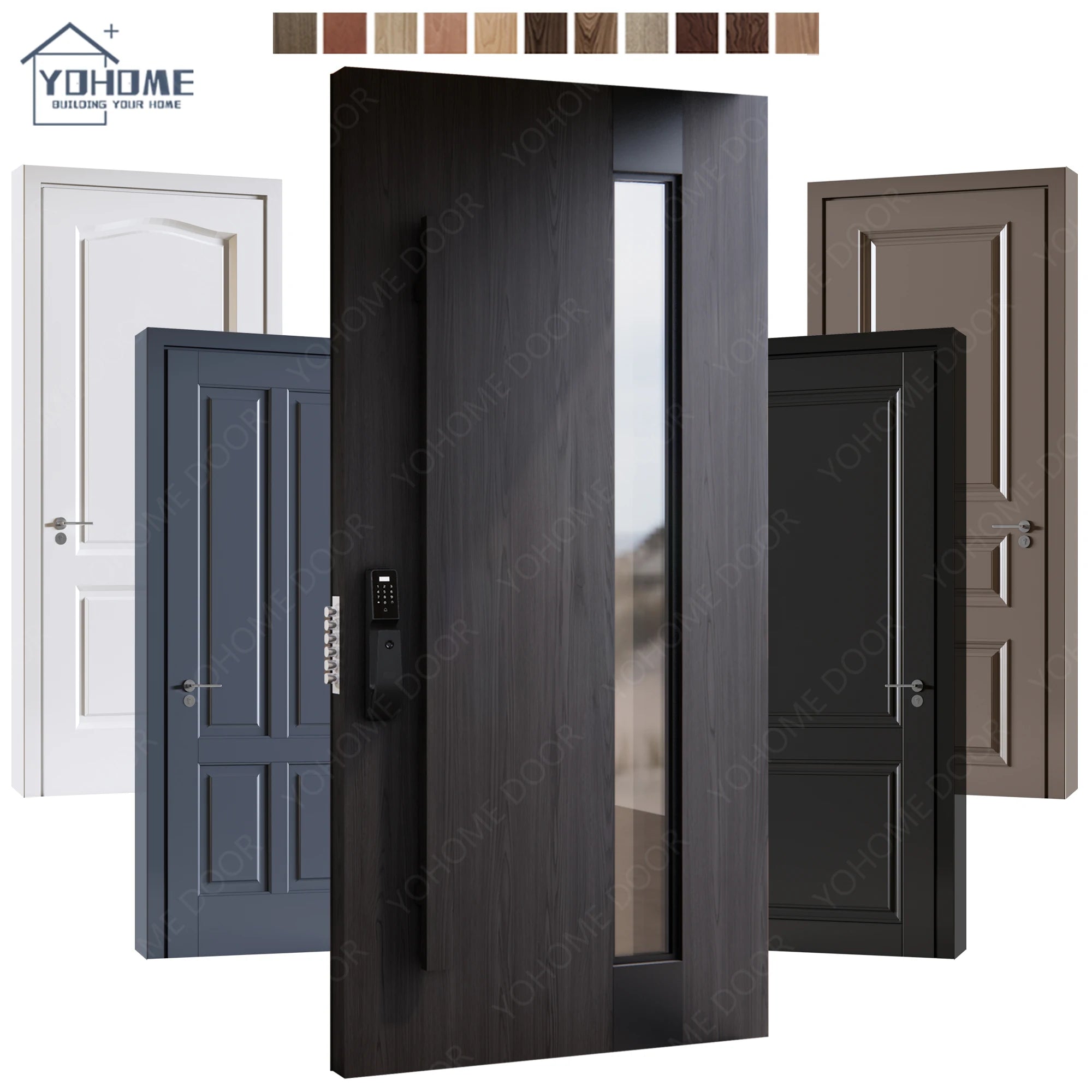 Foshan Yohome Custom European House High Security Main Entrance Door Wooden Pivot Entry Door with Smart Lock