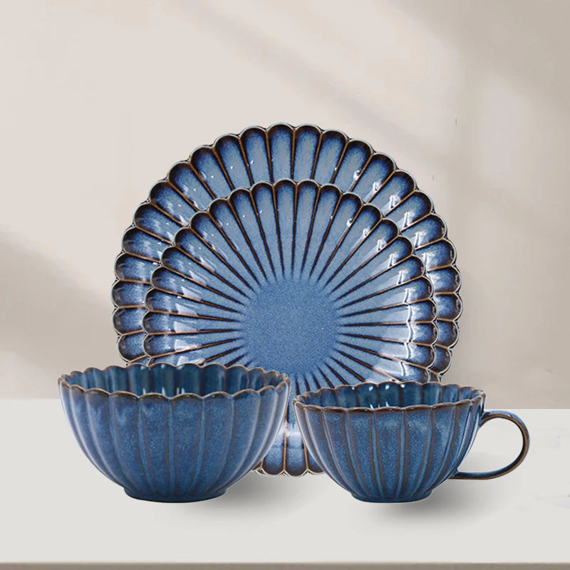 Wholesale Custom Degin Ceramic Stoneware Creative Blue Glazed Cutlery Set Restaurant Dinner Plates Dinnerware Sets