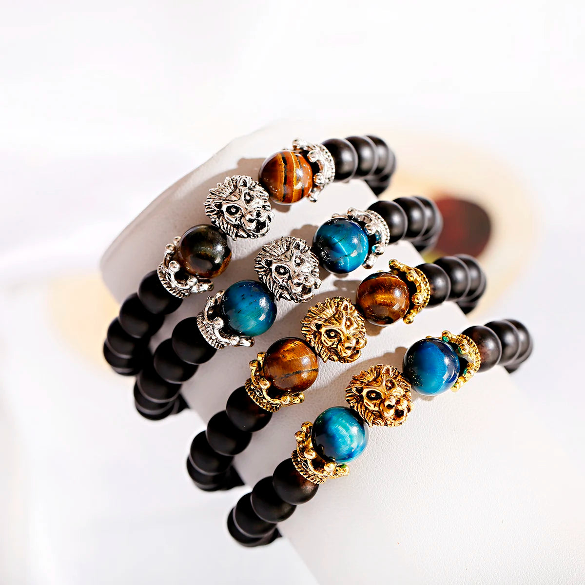 Douvei AB432 Children's High-grade 10MM Gold Silver Plated Lion Head Blue Tiger Eye Stone Bead Charm Black Fashionable Bracelet