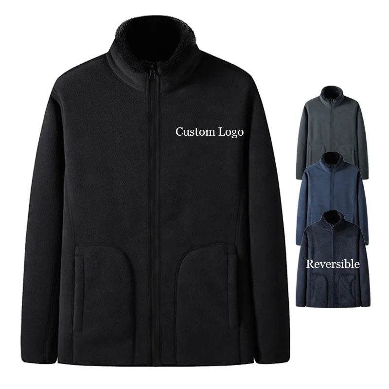Men's Reversible Polar Fleece Jacket With Solid Stand Collar and Zipper Waterproof Winter Outerwear Custom Coat