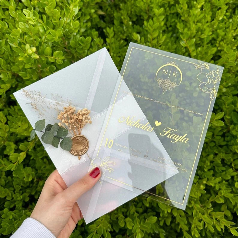 Unique Transparent Vellum Paper Wedding Invitation Card Jacket Wrap Envelope With Wax Seal and Dried Flower for Party