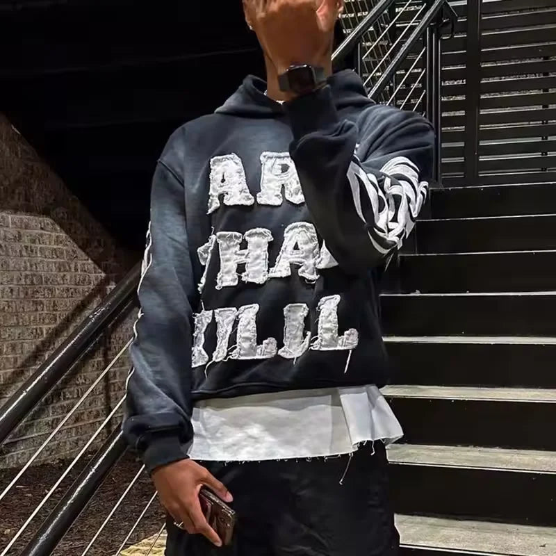 Custom Men's Acid Wash Patch Applique Embroidered Cropped Print Hoodie 100% Cotton Jogging Top Design ODM Supply Autumn Season