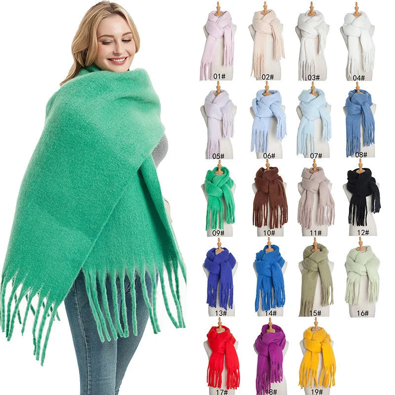 Winter Scarf for Women Fringed Plain Knitted Pashmina Long Warm Thick Winter Scarf