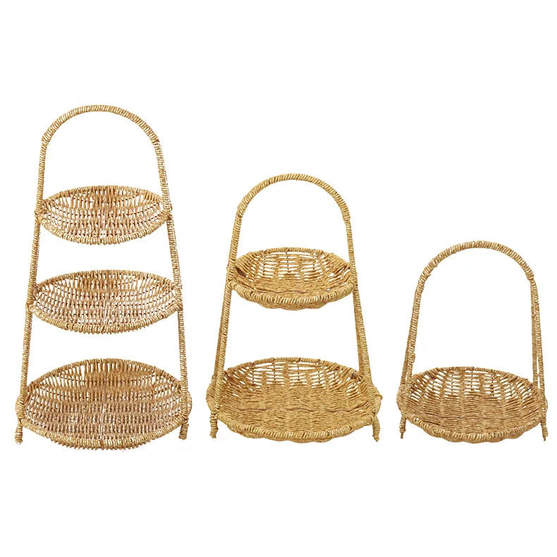 Hand Woven Snack Basket Double Layer Fruit Basket Rattan Storage Basket