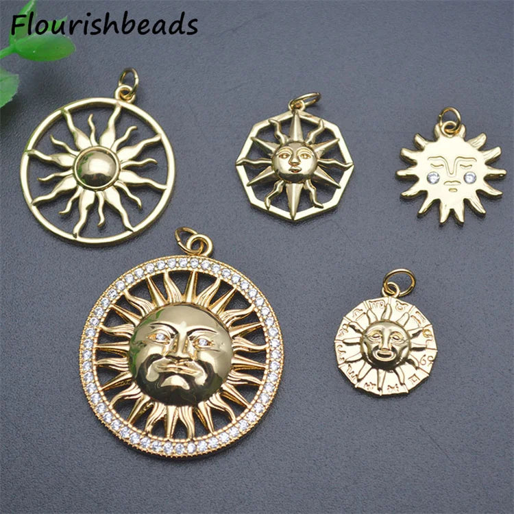 High Quality Nickel Free Anti Fading High Polish Gold Plated Cz Pave Face Sun Moon Sunflower Charms Pendants for Jewelry Making
