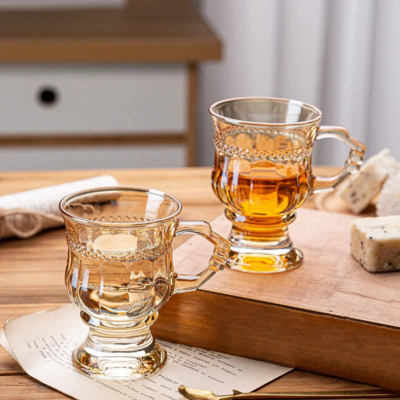 Wholesale Vintage Creative Glass Coffee Cups Embossed Tea Glass Cup Luxury Glass Tea Cup With Handle