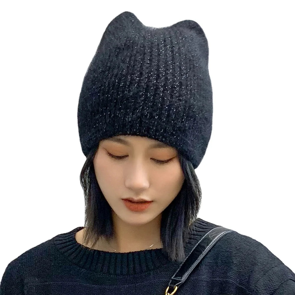 8 Colors Angora Cat Ear Knit Hat Rabbit Fur Slouchy Beanie Baggy Warm Soft Chunky Cable Hats with Animal Ears Knit Hat for Woman