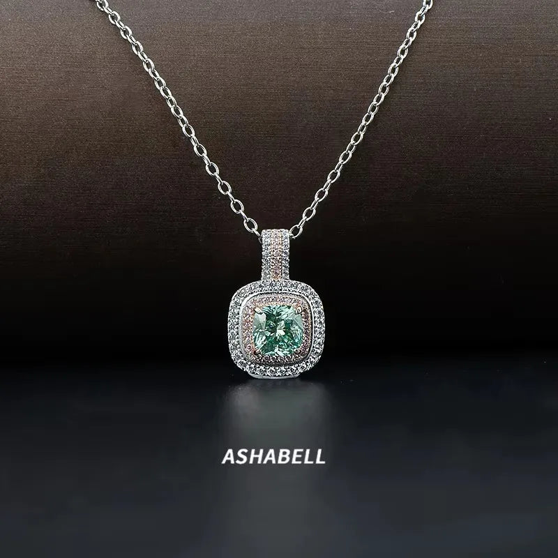 Luxurious S925 Silver Paraiba Green Moissanite Princess Square 8*8 Necklace Prong Setting for Party or Anniversary Fine Jewelry
