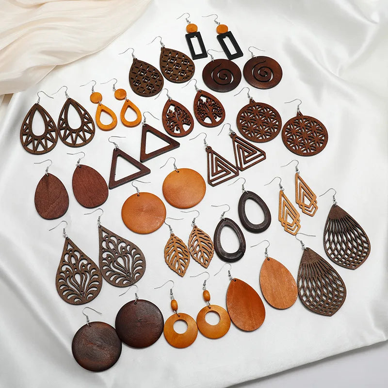 Wooden Earrings Natural Wood Dangle Earrings Lightweight Teardrop African Ethnic Statement Drop Earrings for Women