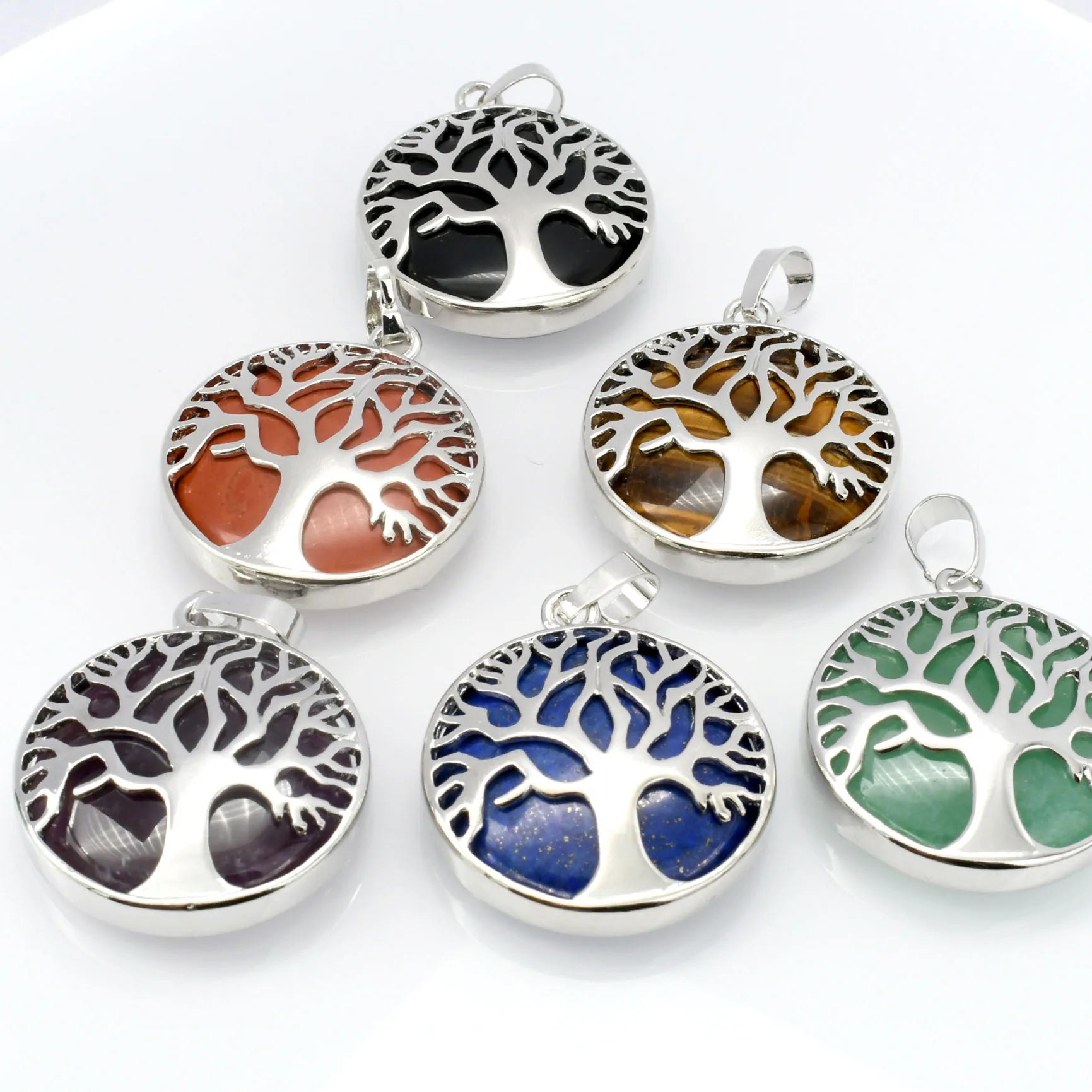 Wholesale Silver Plated Copper Natural Rose Quartz Tiger Eye Black Onyx Tree of Life Pendant for Women Men Necklace