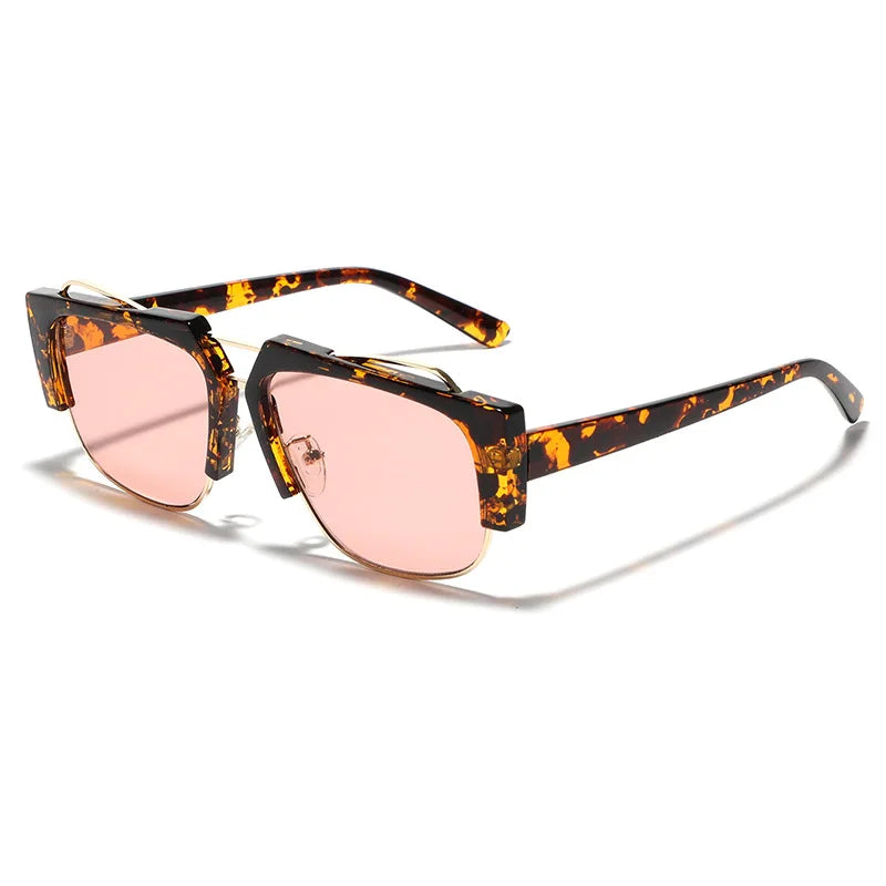 Fashion Trend Stainless Steel Brand Design Leopard Punk Sunglasses Uv400 Trendy Personalized Half Metal Frame Square Sunglasses