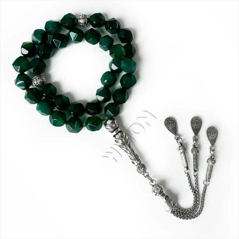Green Natural Agate Diamond Cut 10mm Beads Gold Plated Silver Religious Islamic Misbaha Prayer Beads Tasbih Muslim Rosary