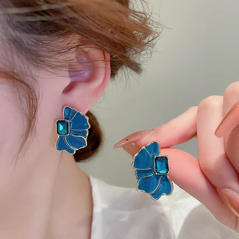 New French Retro Multicolor Oil Drop Flower Earrings Beautiful Metal Flower Earrings Jewelry Women