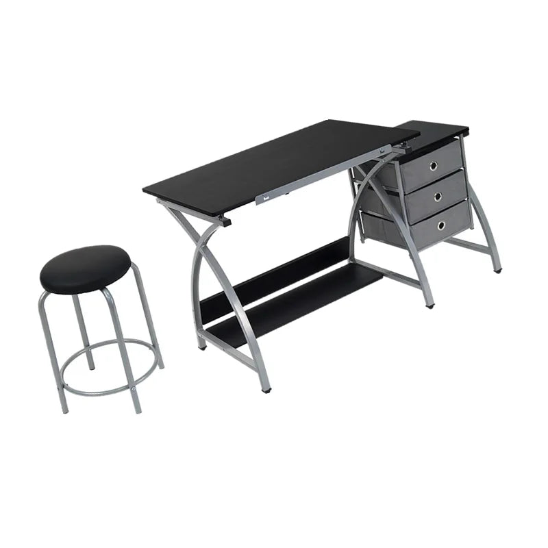 Modern Height Angle Adjustable Drafting Table MDF Tabletop Steel Base Stool Storage Drawer School Furniture Workshop Bedroom