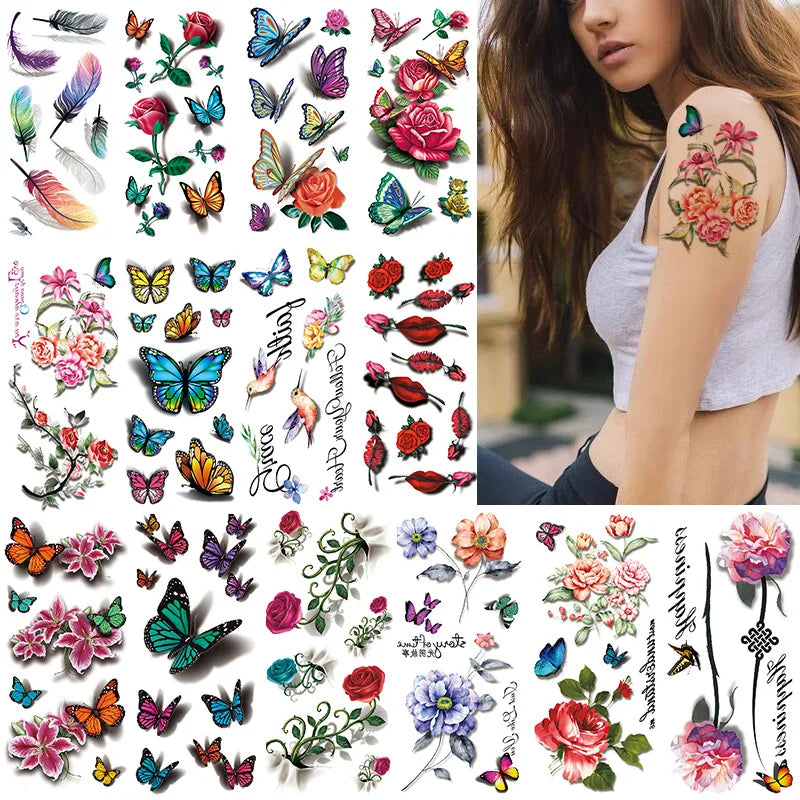 Wholesale Custom 3D Waterproof Tattoo Stickers in Stock Color Printing butterfly Flowers Tattoo Stickers
