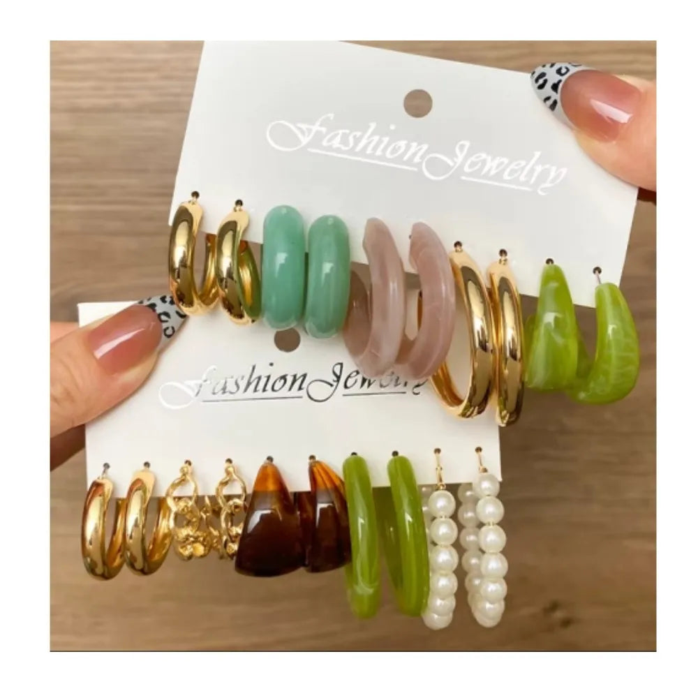 VKME Trendy New Design Geometric Drop Stud Earring Set for Women Vintage Acrylic Resin Circle Bohemian Hoop Earrings Set