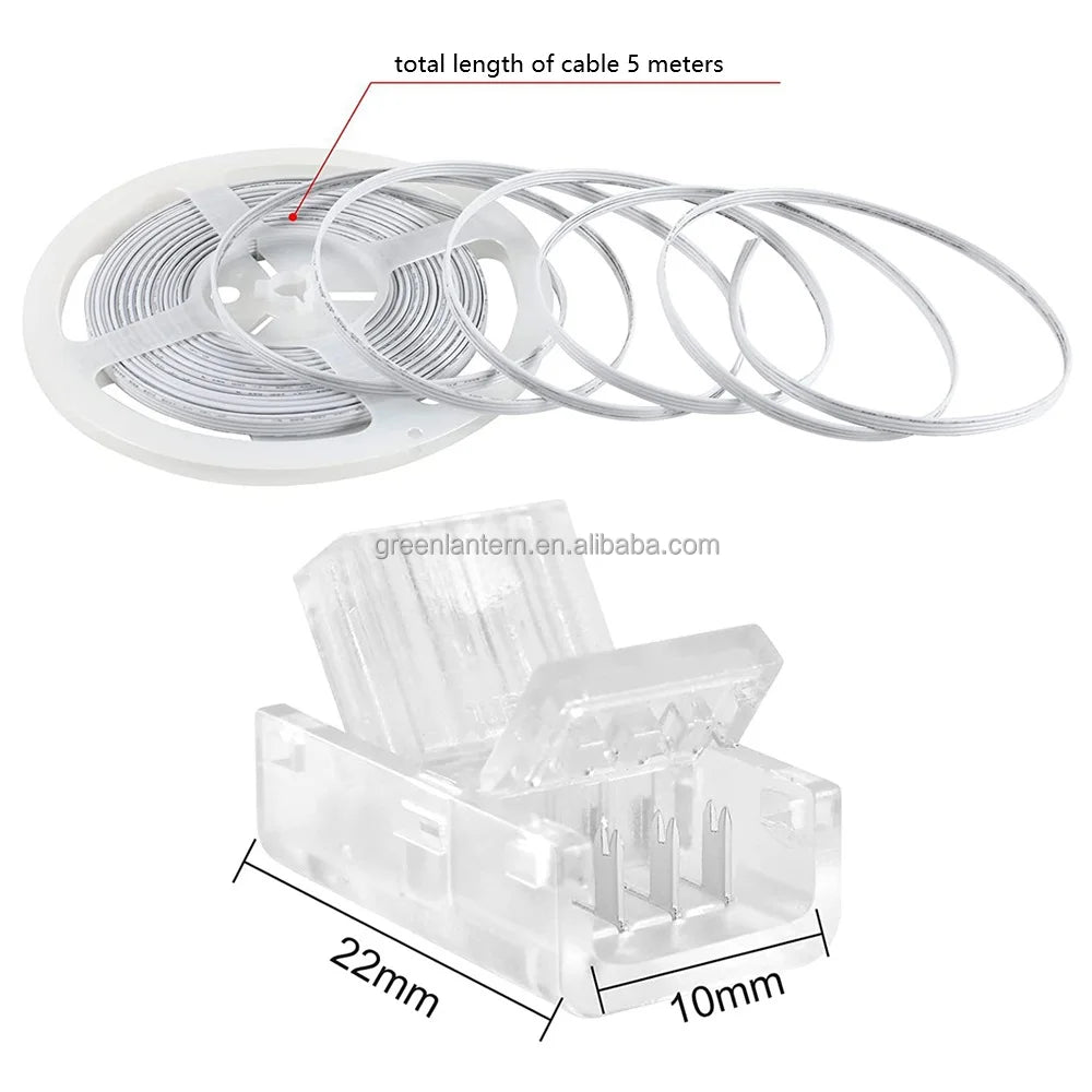 4 Pin Connector and Wire Set 4Pin 10mm Crystal Snap Connector 5Pcs Cable Wire 5 Meters for 5050 RGB LED Strip Lights