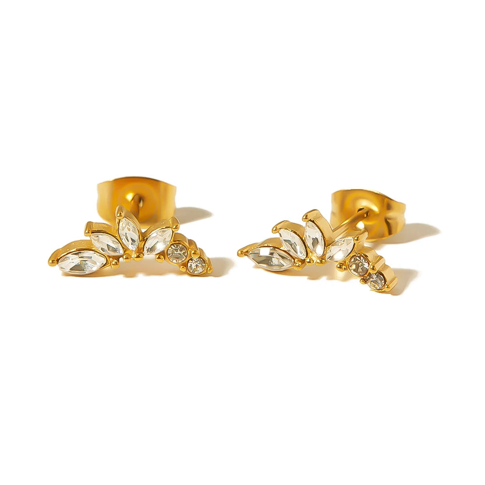 Exquisite Rhombic Curved Flower Zircon Statement Earrings Stainless Steel 18K Gold Plated Fashion Jewelry Stud Earrings