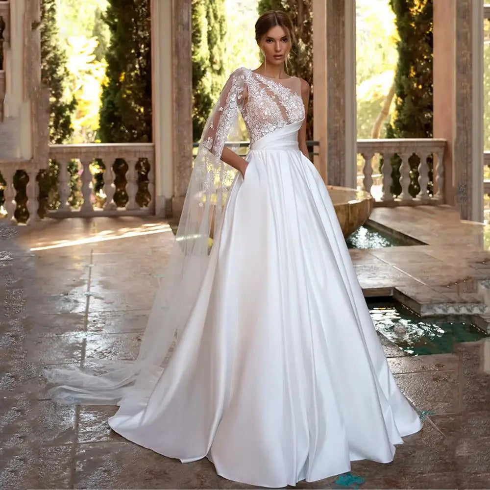 New Design A-line Lace With Pocket One Sleeve Bride Dress O-neck Backless Elegant Wedding Gowns