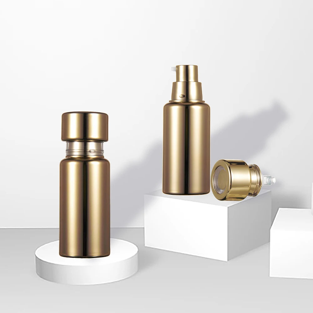 Low MOQ in Stock 15ml Skin Care Eye Cream Lotion Face Mask Serum Shampoo Empty Gold PET Airless Vacuum Pump Bottle Custom Logo