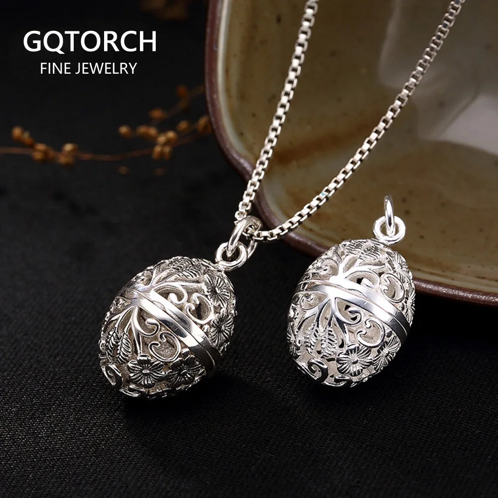 Real Pure Sterling Silver 925 Pendant for Women Plum Engraved Openable Pearl Cage Pendant Charm Pendulum