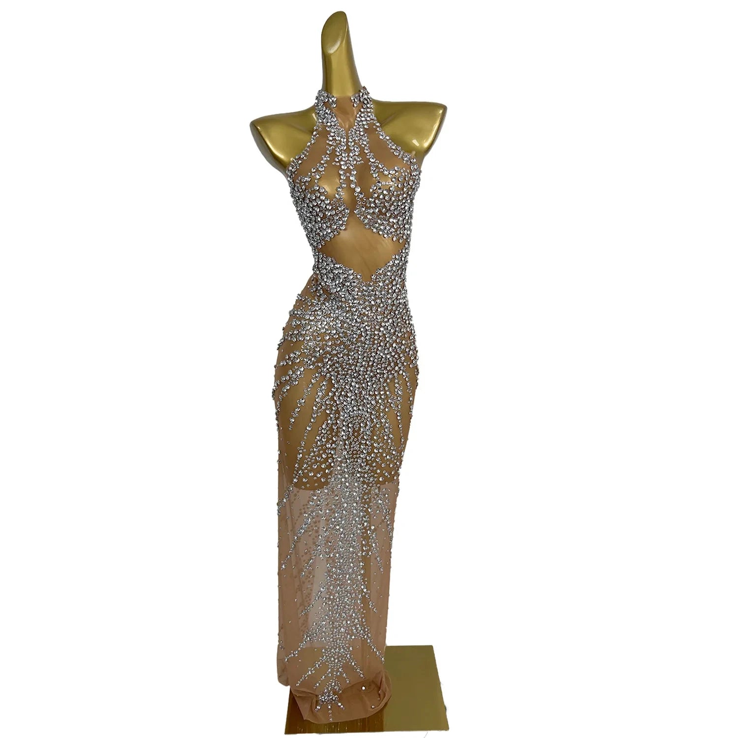 Luxury Sleeveless Cocktail Prom Celebration Rhinestone Dress Female See Through Evening Gown Women Nightclub Party Long Dresses