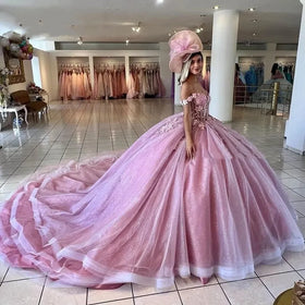 Princess Pink Off Shoulder Plus Size Plus Size Vestidos Para Prom Party Gowns Sweet 16 Girls Quinceanera Dresses MQ722