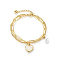 G1729 Fashion Jewelry Wholesale Bracelets Double Paperclip Chain Titanium Steel Pearl Pendant Women Lucky Heart Charm Bracelet