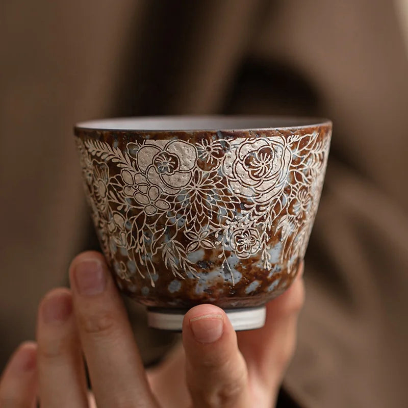 Retro Ceramic Wide Mouth Gilded Silver Pattern Flower Solo Tea Cups With Gift Box