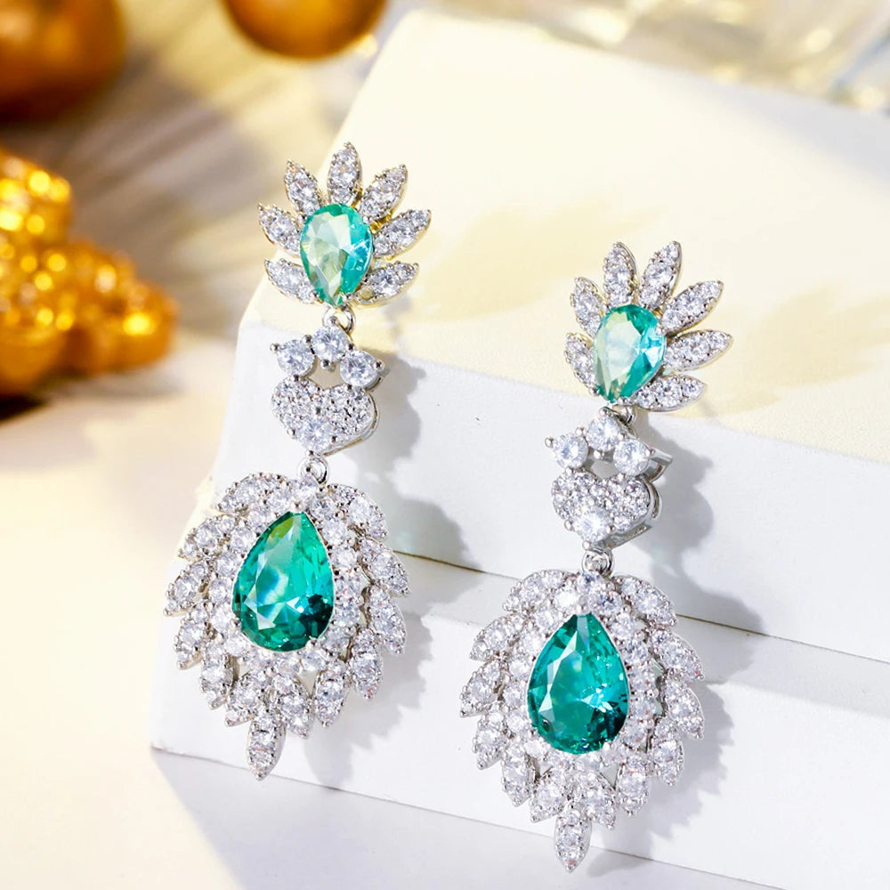 Light Green Cubic Zirconia Stone Angle Wing Feather Shape Dangle Drop Bohemian Earrings for Women Wedding Dress Accessories