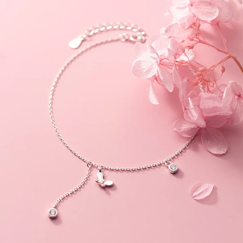 925 Sterling Silver Small Butterfly Shape Ankle Bracelet Trendy Zircon Anklets Foot Summer Fashion Jewelry for Women