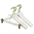 Golden Hook Custom White Wooden Hangers with Stainless Steel Clip Household Wood Notches Anti slip Clothes Hanger for Cloths