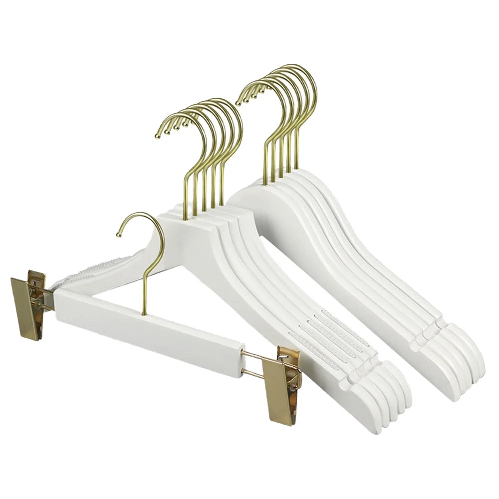 Golden Hook Custom White Wooden Hangers with Stainless Steel Clip Household Wood Notches Anti slip Clothes Hanger for Cloths
