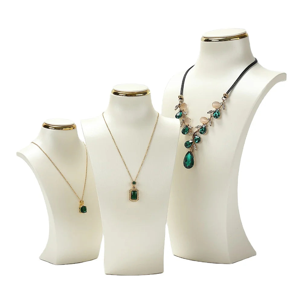 Gray Black White Green PU Leather Necklace Show Jewelry Mannequins with Golden Decoration for Jewelry Container