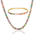 Fashion Light Luxury Ladies 4mm Color Square Zircon Classic Wedding Tennis Chain Set 18K Gold Plated Necklace & Bracelet