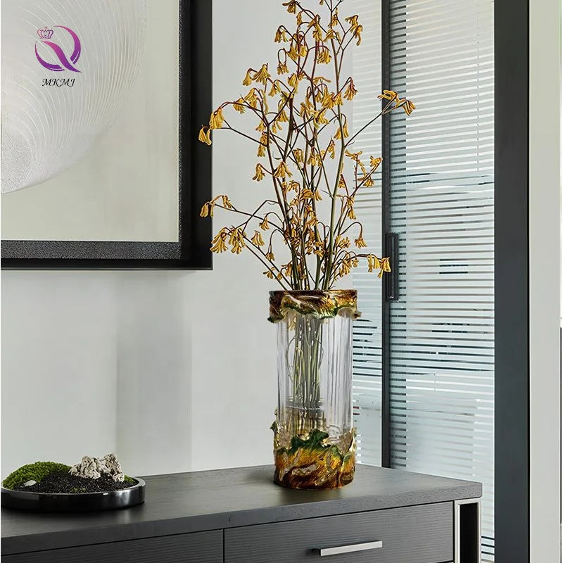 Cylindrical Glass Vase Hand-painted Enamel Decorative Flower Vase Desktop Light Luxury Glass Vase for Indoor Home Decoration