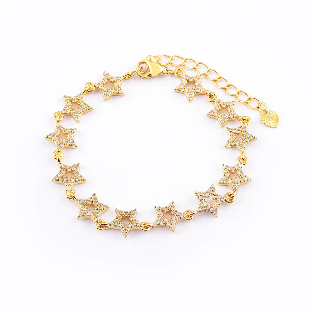 QIKU Multi Hollow Star Full Crystal Paved Women Bracelets Gold Plated Copper Zircon Charm Party Birthday Jewelry Gift Wholesale