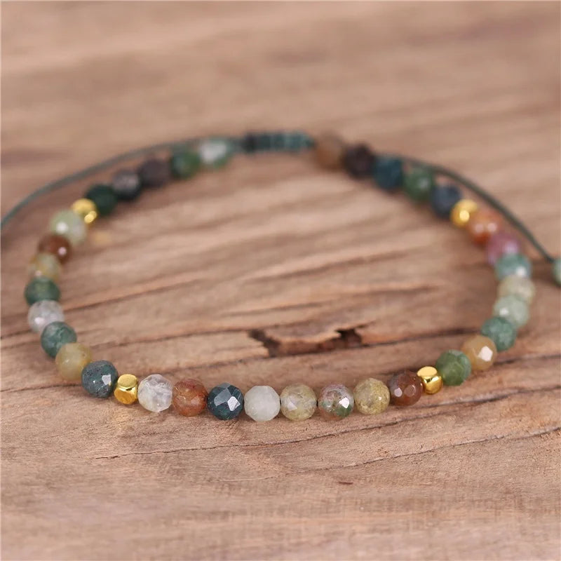 Popular Jewelry Tiny 4mm Indian Agate Beads Dainty Bracelet Boho Tibetan Adjustable Natural Stone Stackable Bracelet Women Jewelry Wholesale