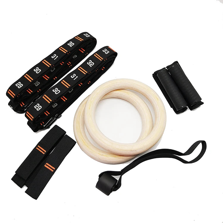 Wood Gymnastic Rings with Quick Install Carabiner Double Layers Number Straps Handles Foot Straps and Door Anchor