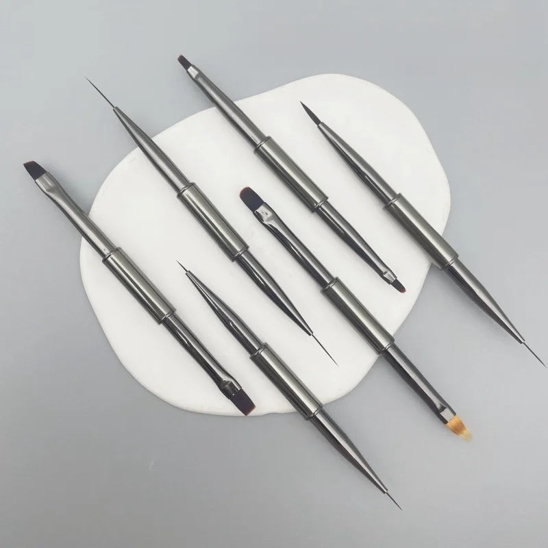 Gun Black Metal Handle Double Head Nail Brush Autumn Chrysanthemum Light Therapy Pen Nail Liner Brush Drawing Pen for Nail Art