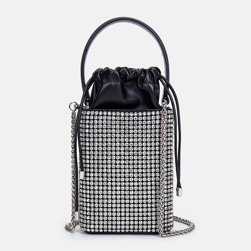 Trendy Mini Rhinestone Bag Women Chain Bags Drawstring Arylic Diamonds Bucket Mobile Phone Clutch Evening Bags