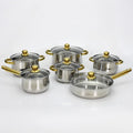 Luxury European Good Quality Stainless Steel 12pcs Cookware Set  Home Gold Handle Double Bottom Pots and Pans Sets