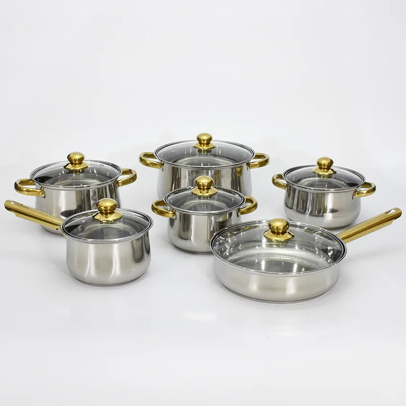Luxury European Good Quality Stainless Steel 12pcs Cookware Set  Home Gold Handle Double Bottom Pots and Pans Sets