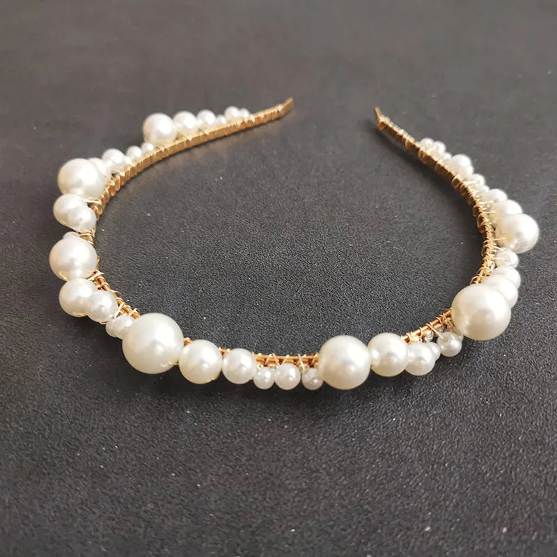 SLBRIDAL Handmade Rhinestone Crystal Pearls Flower Bridal Tiara Headband Wedding Hair Accessories Women Girls Hair Jewelry