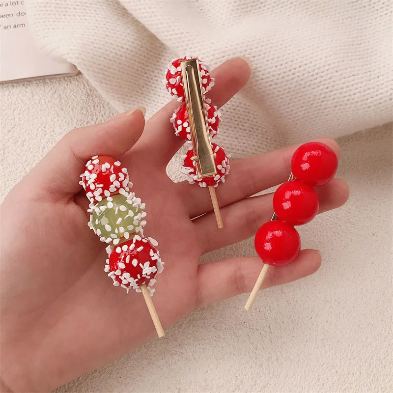 Hot Selling Korean Elegant Style Funny Creative Resin Sugared Gourd Hair Clips for Girls Wholesale Simulated Food Hairbands