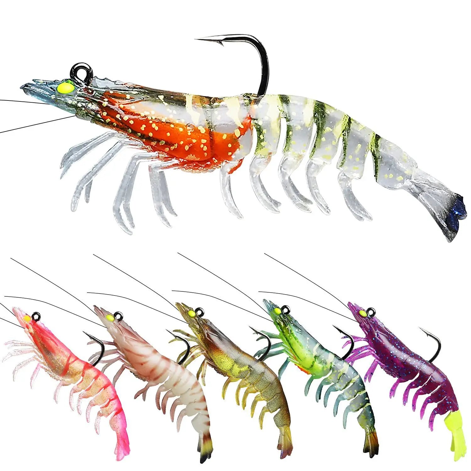 YOUME 6pcs/pack 8.8G 7.5CM Lead Head Luminous Shrimp Lure TPE Jointed 6 Sections Soft Prawn Baits