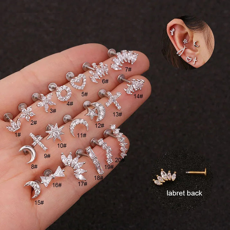 EC1913 Mini Minimalist Earring Collection Zircon CZ Pave Flower Moon Crown Stainless Steel Post Screw on Stud Earrings